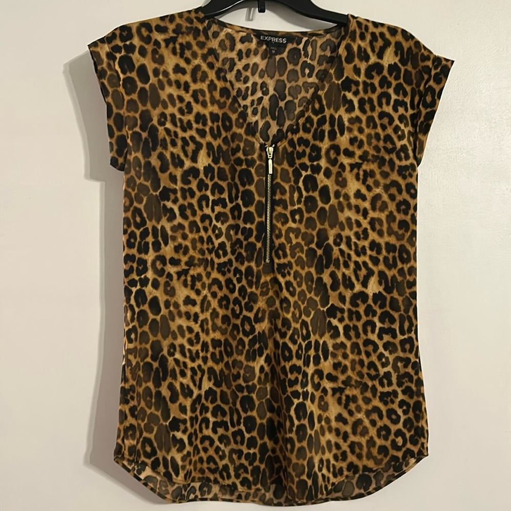 Express Leopard Animal Print V-Neck Top Blouse Gold Zipper XS Festival Party